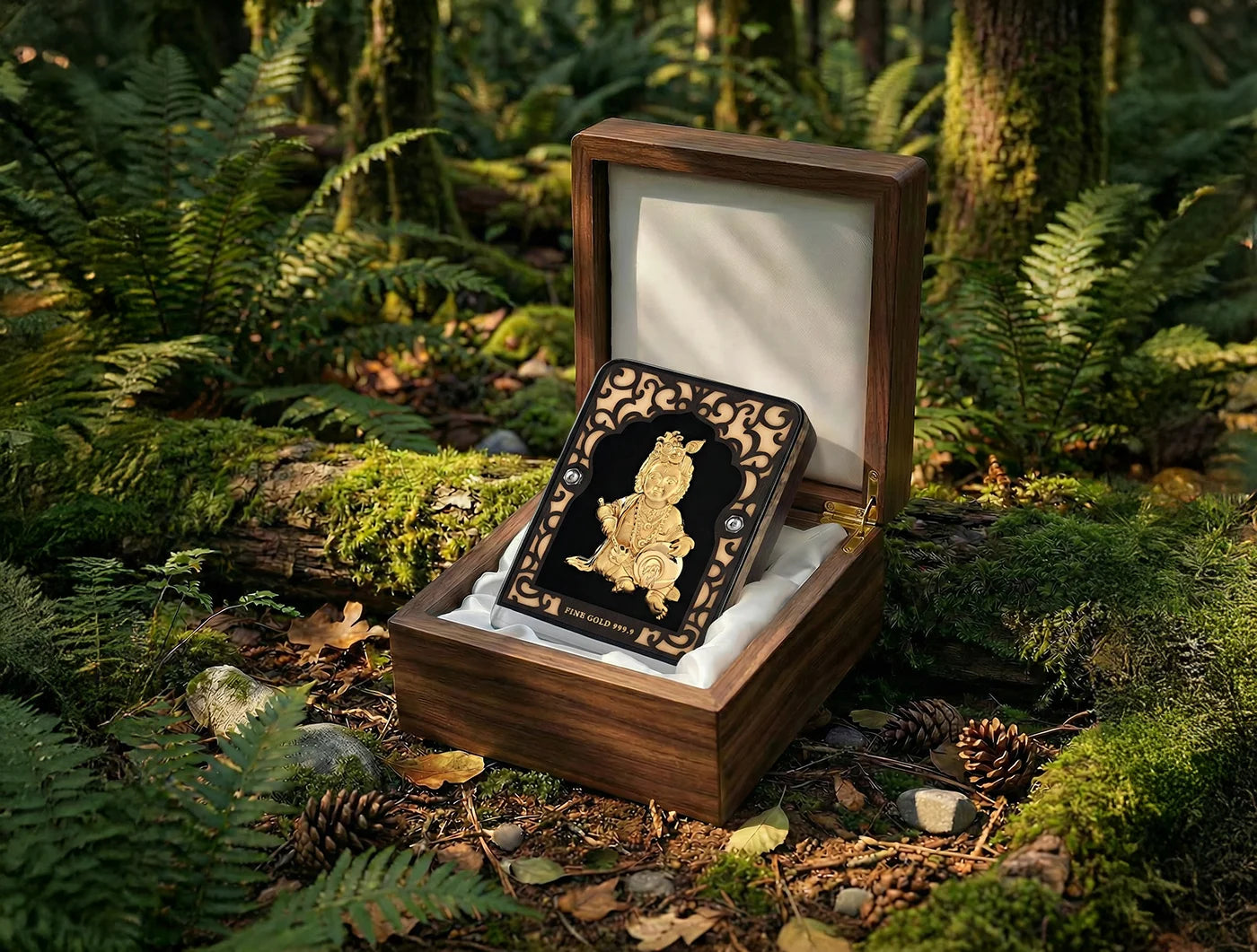 Silver frame Laddu Gopal stand with 24KT gold finish, tabletop display, 4x3 inches, by Bhagwati Jewels.