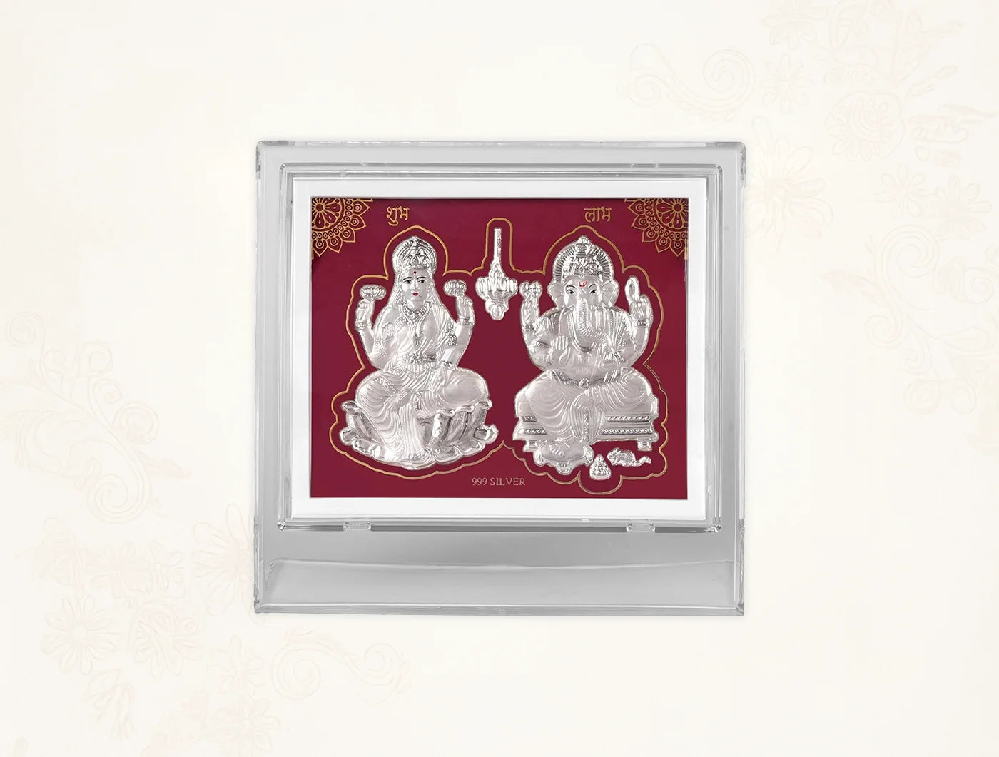 Silver Laxmi Ganesh figurine on acrylic rectangle stand, 7x5 inches, by Bhagwati Jewels, in a sleek silver frame.