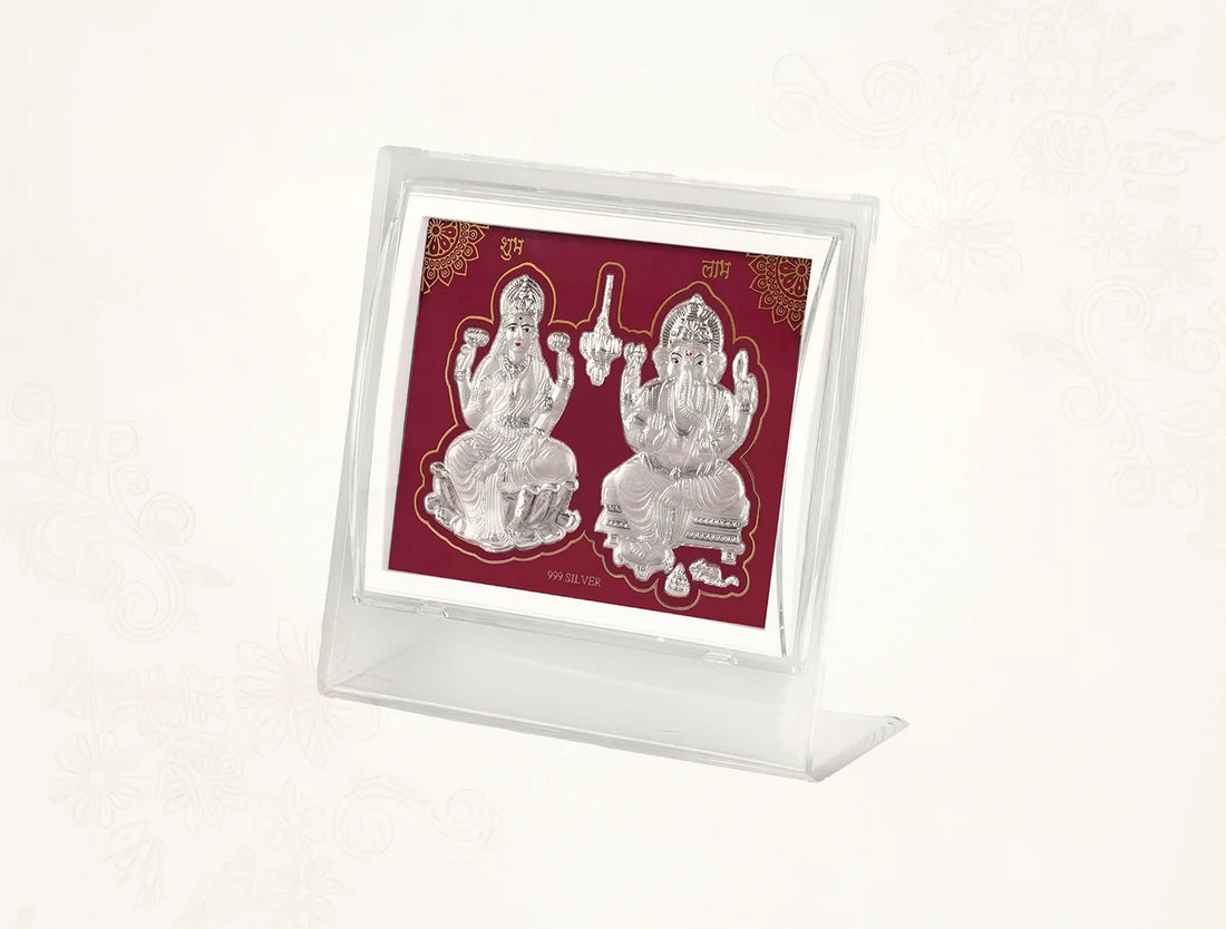 Silver Laxmi Ganesh tabletop frame by Bhagwati Jewels, 7x5 inch acrylic stand featuring pure silver religious statue.