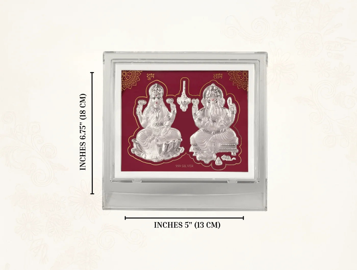 Silver Laxmi Ganesh figurine on a 7x5 inch acrylic stand, crafted by Bhagwati Jewels in pure silver, decorative tabletop display.