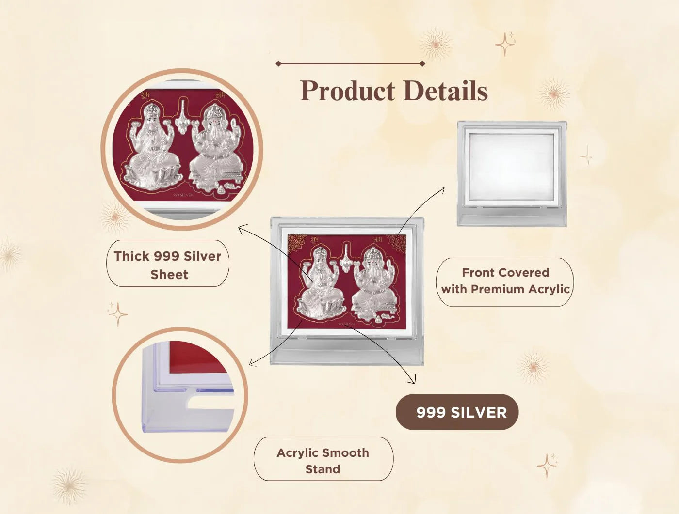 Silver Laxmi Ganesh figurine on acrylic rectangular stand, 7x5 inches, crafted from 999 pure silver by Bhagwati Jewels.