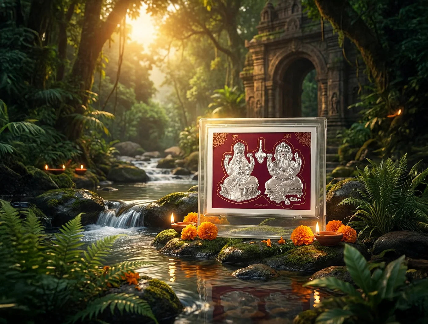 Laxmi Ganesh silver frame tabletop stand with acrylic rectangle base, 7x5 inches, crafted by Bhagwati Jewels in pure silver