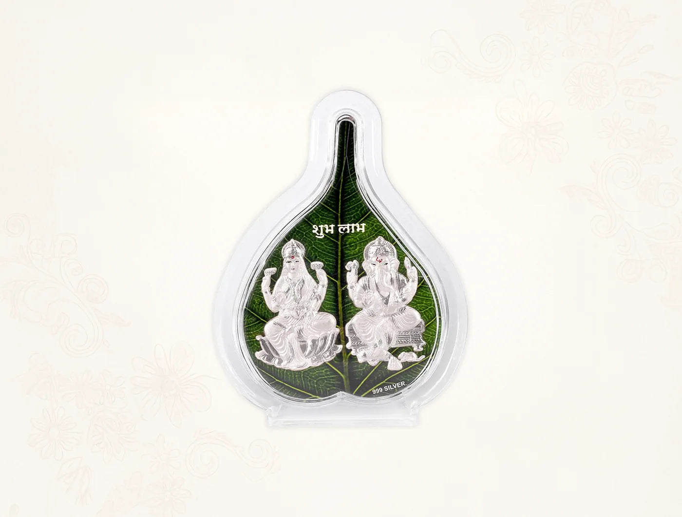Silver frame Laxmi Ganesh green pan stand by Bhagwati Jewels, 7x5 inch tabletop decorative piece in pure silver.