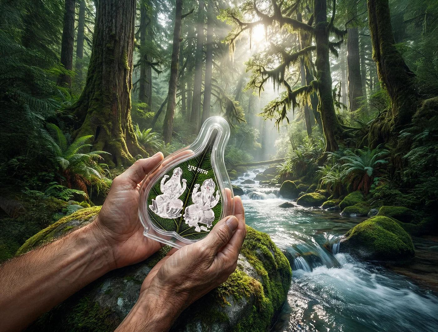 Silver frame Laxmi Ganesh green pan stand by Bhagwati Jewels, 7x5 inch tabletop decorative piece in pure silver.