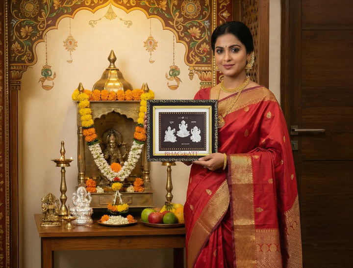 Laxmi Ganesh Saraswati | 999 Pure Silver | Square Tabletop | 5.5 X 5 Inch