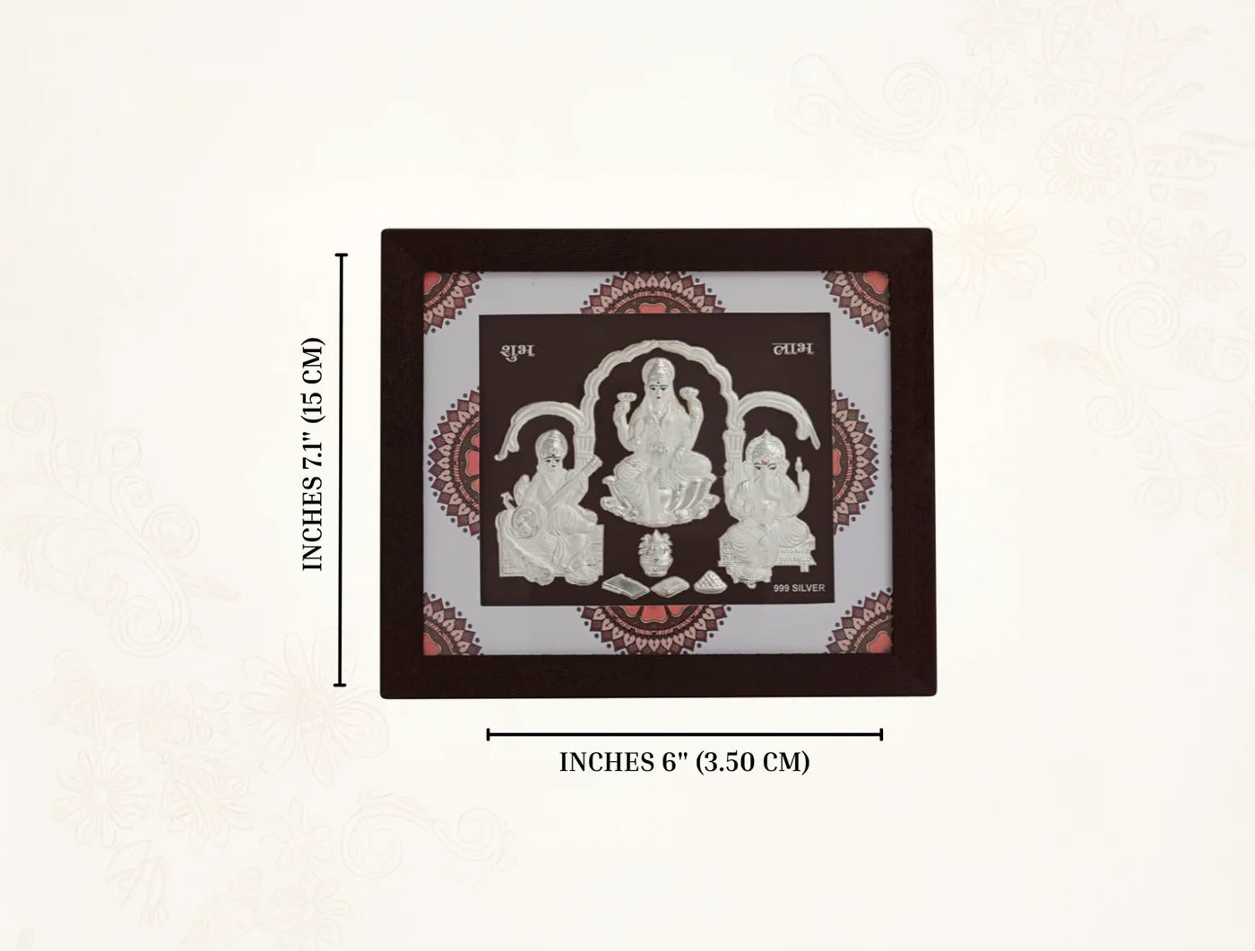 Square silver frame featuring Laxmi, Ganesh, and Saraswati images, 7x6 inches, from Bhagwati Jewels, ideal for home or office decor.