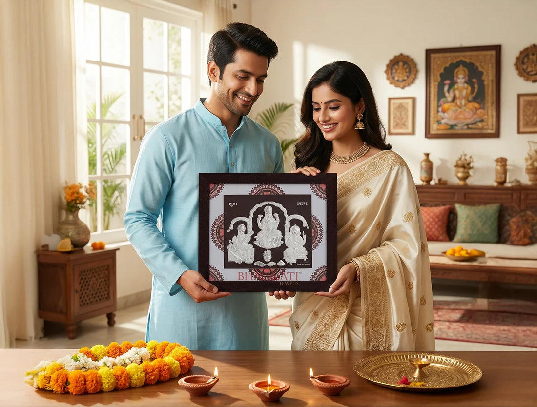 Square silver frame with Laxmi Ganesh Sarswati design in 999 pure silver, ideal for home or office decor, by Bhagwati Jewels.