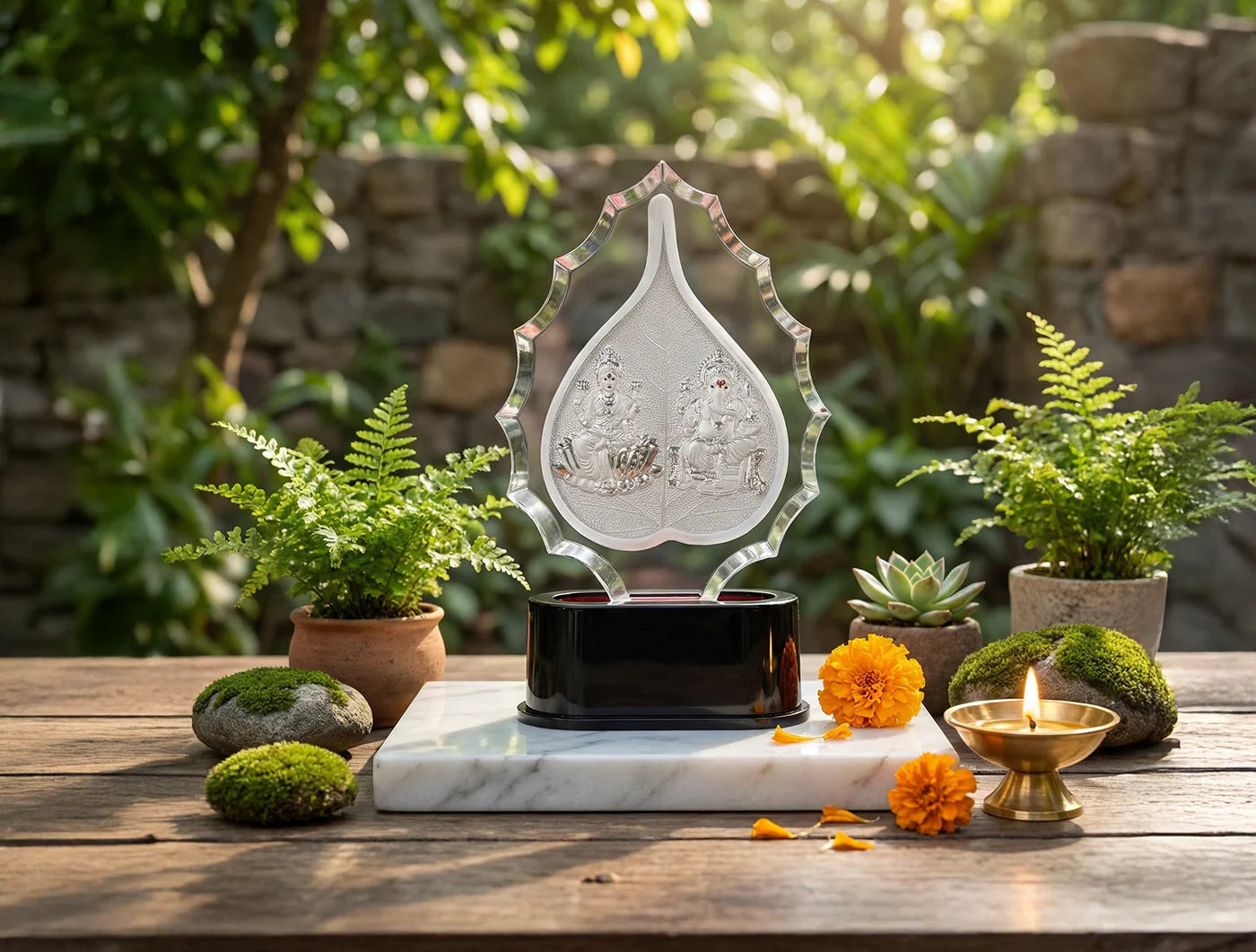 Silver Laxmi Ganesha trophy stand in a silver frame, crafted by Bhagwati Jewels, featuring intricate design and detailed craftsmanship.