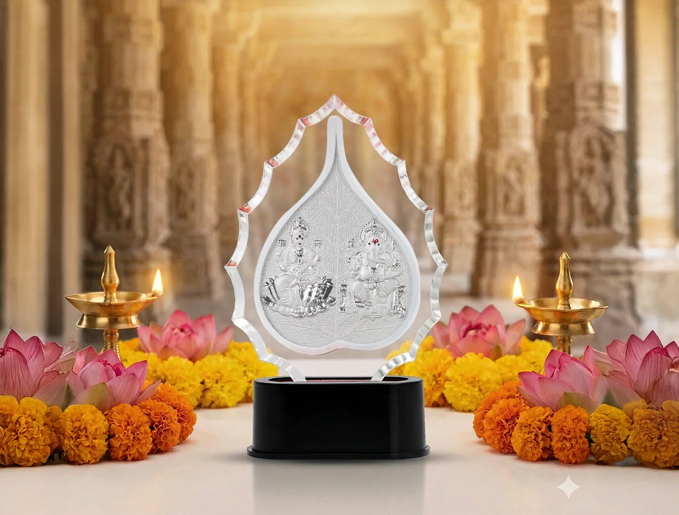 Silver Laxmi Ganesha trophy stand in a decorative frame, crafted by Bhagwati Jewels with intricate silver detailing.