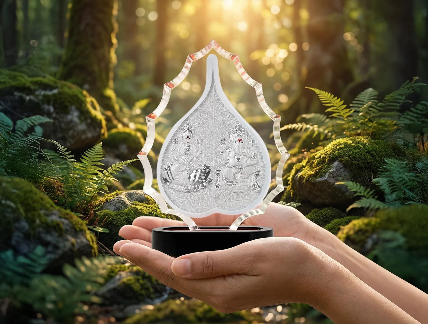 Silver Laxmi Ganesha trophy stand in a silver frame by Bhagwati Jewels, featuring intricate craftsmanship and a decorative design.