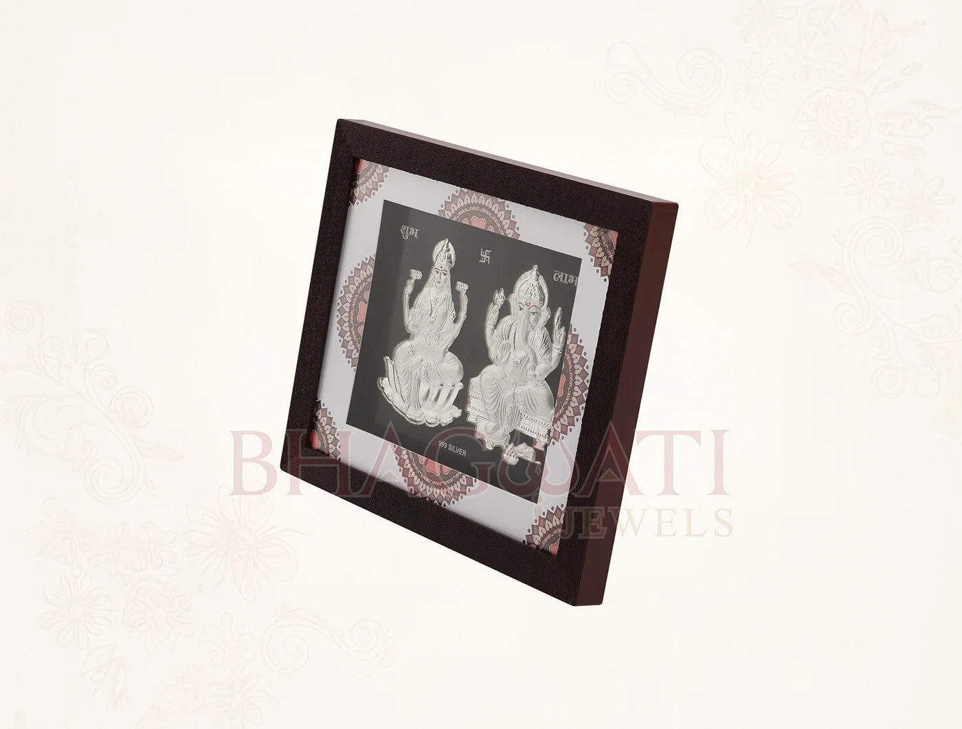 Silver Laxmi-Ganesh wooden square photo frame by Bhagwati Jewels, 7x6 inches, ideal for home or office decor with intricate design