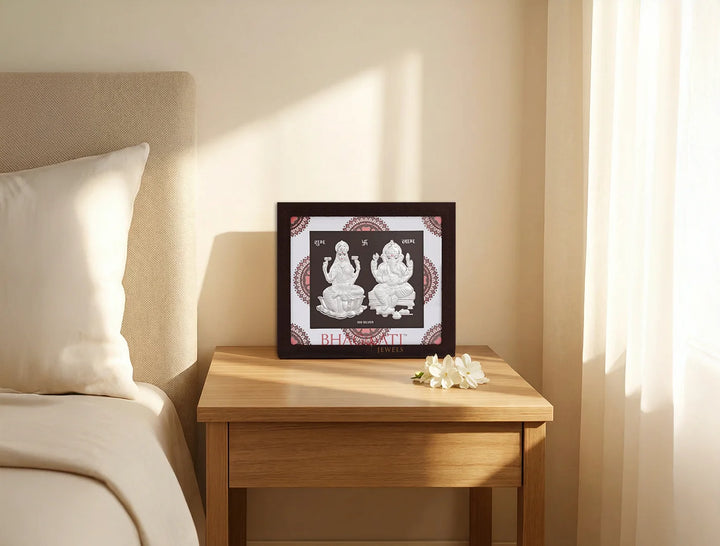 Silver Laxmi-Ganesh wooden square photo frame by Bhagwati Jewels, 7x6 inch hanging frame for home or office decor.