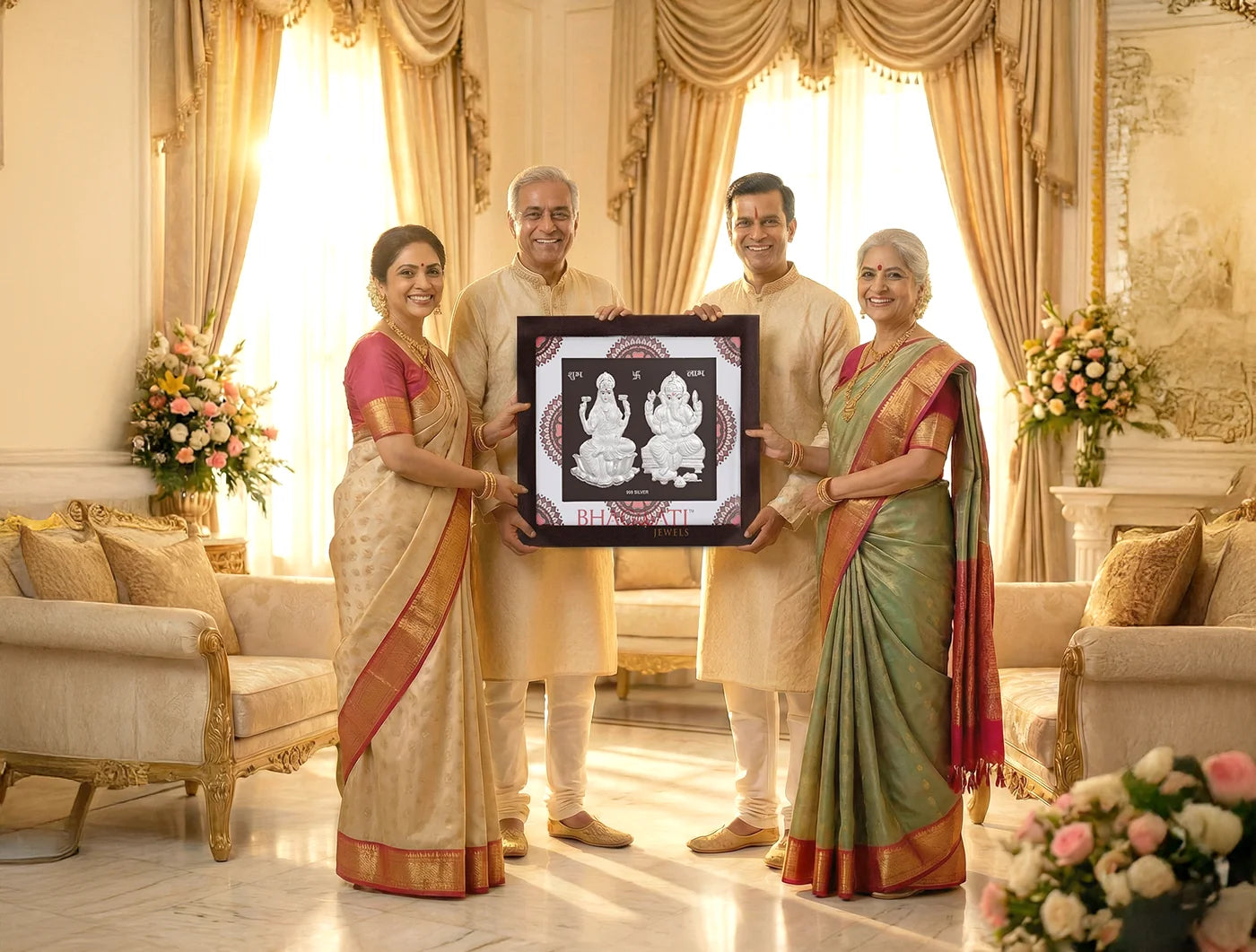 Silver Laxmi-Ganesh wooden square photo frame by Bhagwati Jewels, 7x6 inches, perfect for home or office decor display