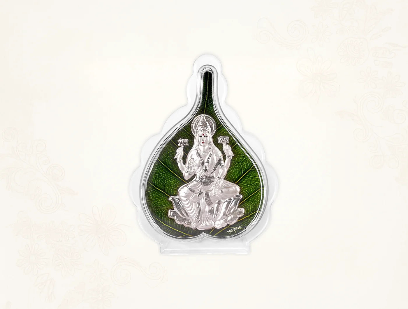 999 Pure Silver Laxmi Green Pan Stand with intricate design on leaf, perfect for home temple decor.
