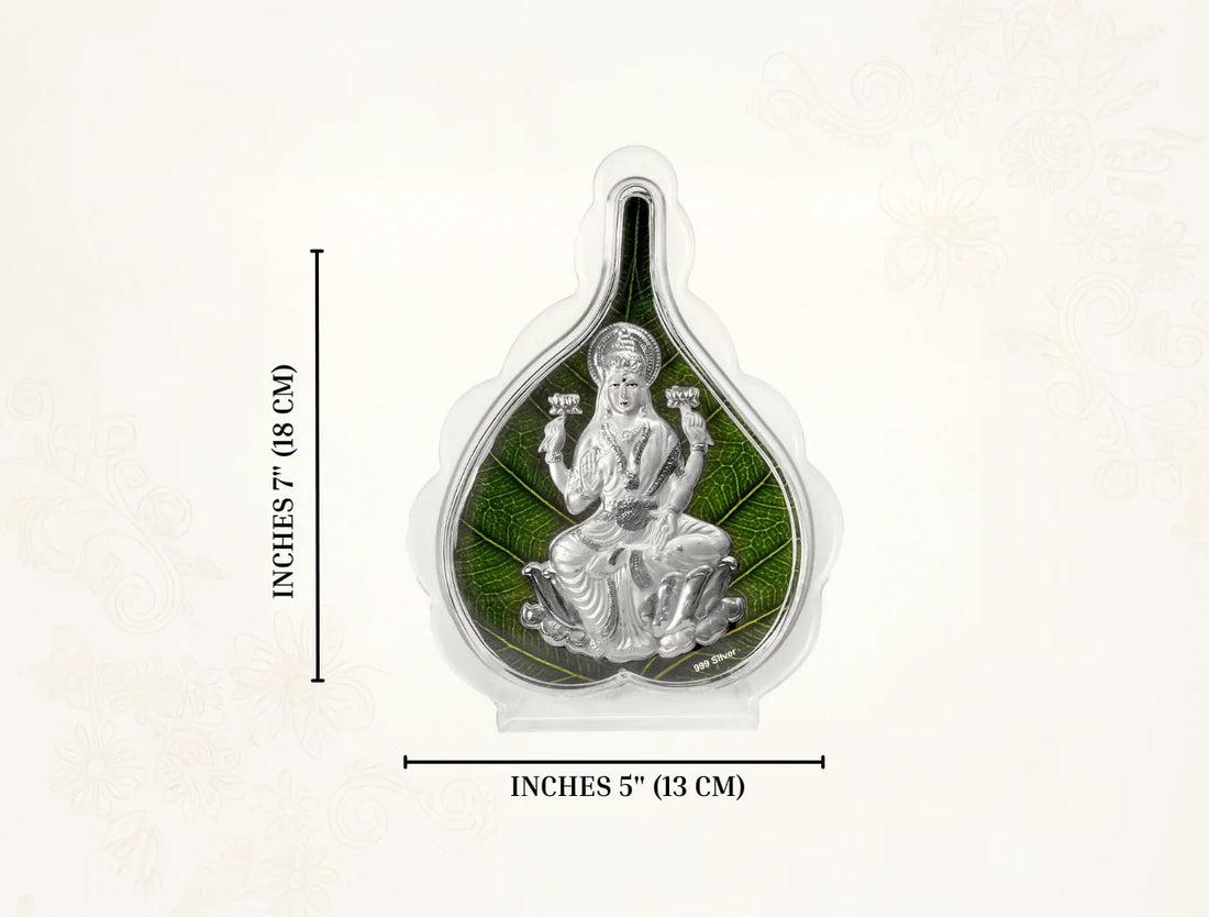 999 Pure Silver Laxmi Green Pan Stand displayed with dimensions 7"x5" for home temple and decor.