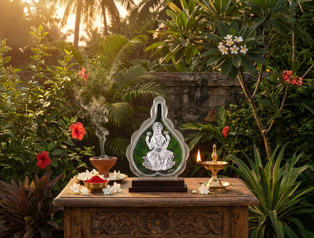 999 Pure Silver Laxmi Green Pan Stand with Pooja Pan, ideal for temple and home decor, 7"x5" inch tabletop decor.