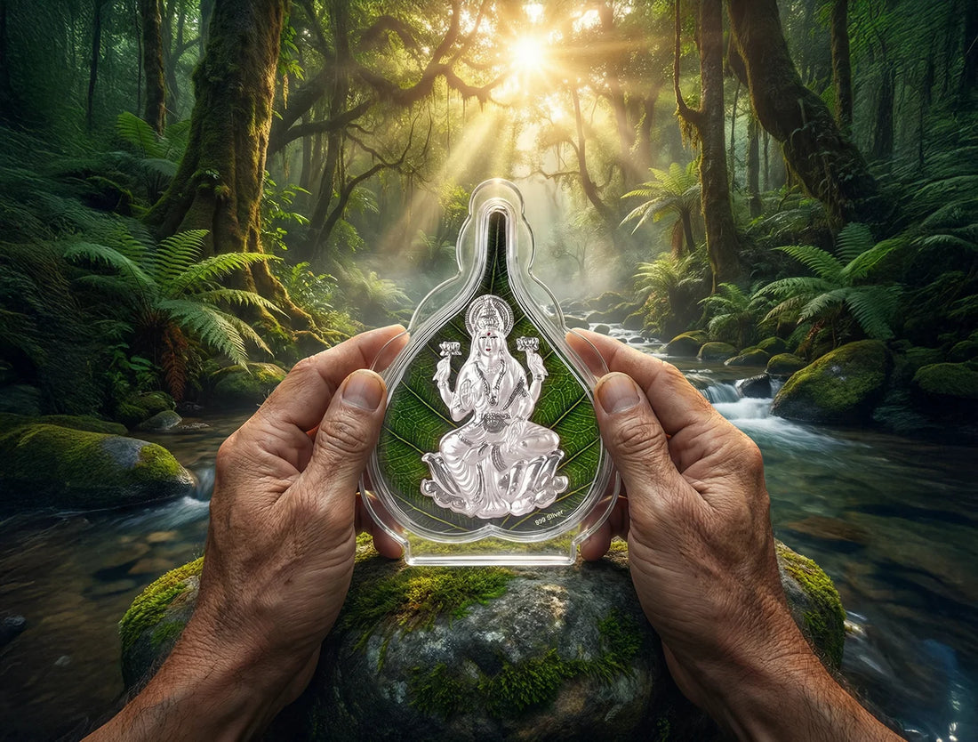 999 Pure Silver Laxmi Green Pan Stand held in hands amidst a serene forest stream, showcasing luxury decor.
