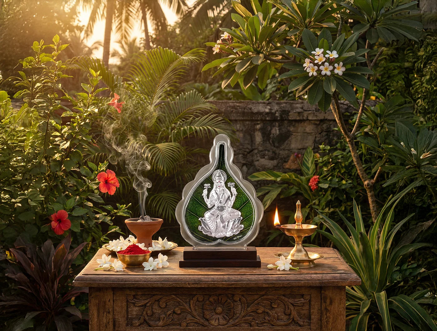 999 Pure Silver Laxmi Green Pan Stand on a wooden table in a lush garden setting with flowers and incense.