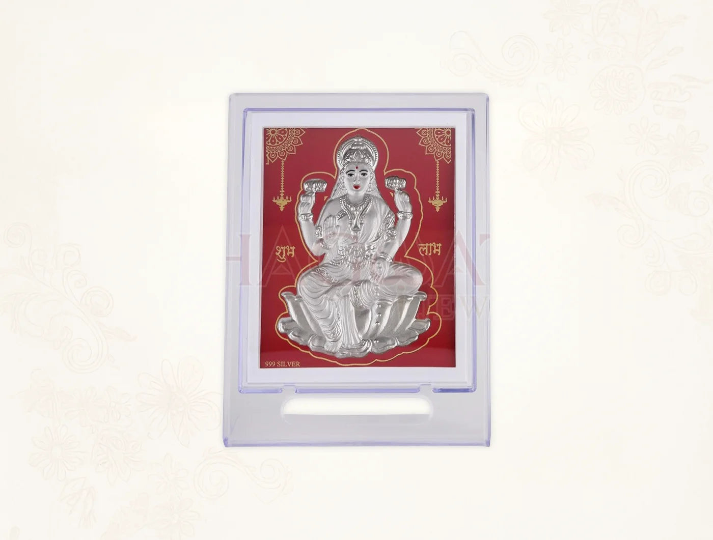 Silver Laxmiji stand with 999 pure silver frame on acrylic rectangle base, 7x5 inch size, by Bhagwati Jewels.