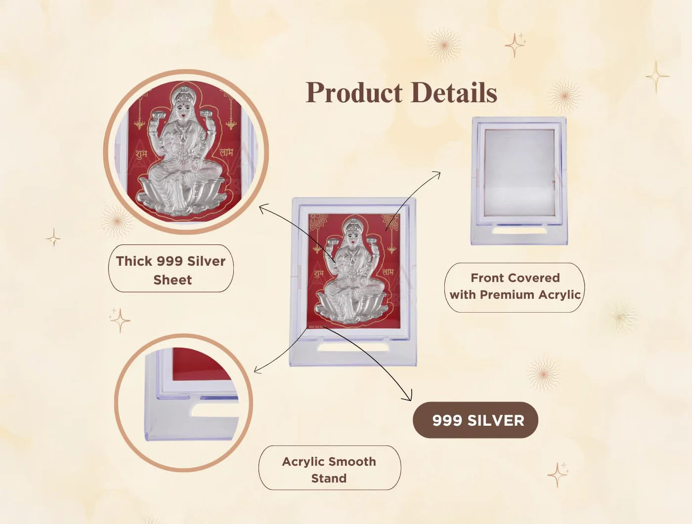 Silver Laxmiji stand with acrylic rectangle frame, 7x5 inch size, featuring pure silver 999 frames by Bhagwati Jewels.