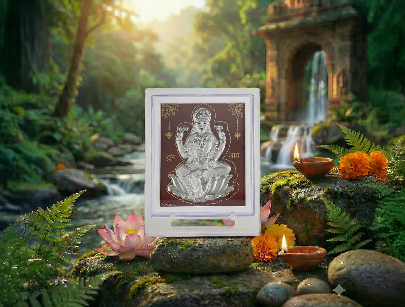 Silver frame stand for Laxmiji idol, 7x5 inch acrylic rectangle display, pure silver 999 frames by Bhagwati Jewels.