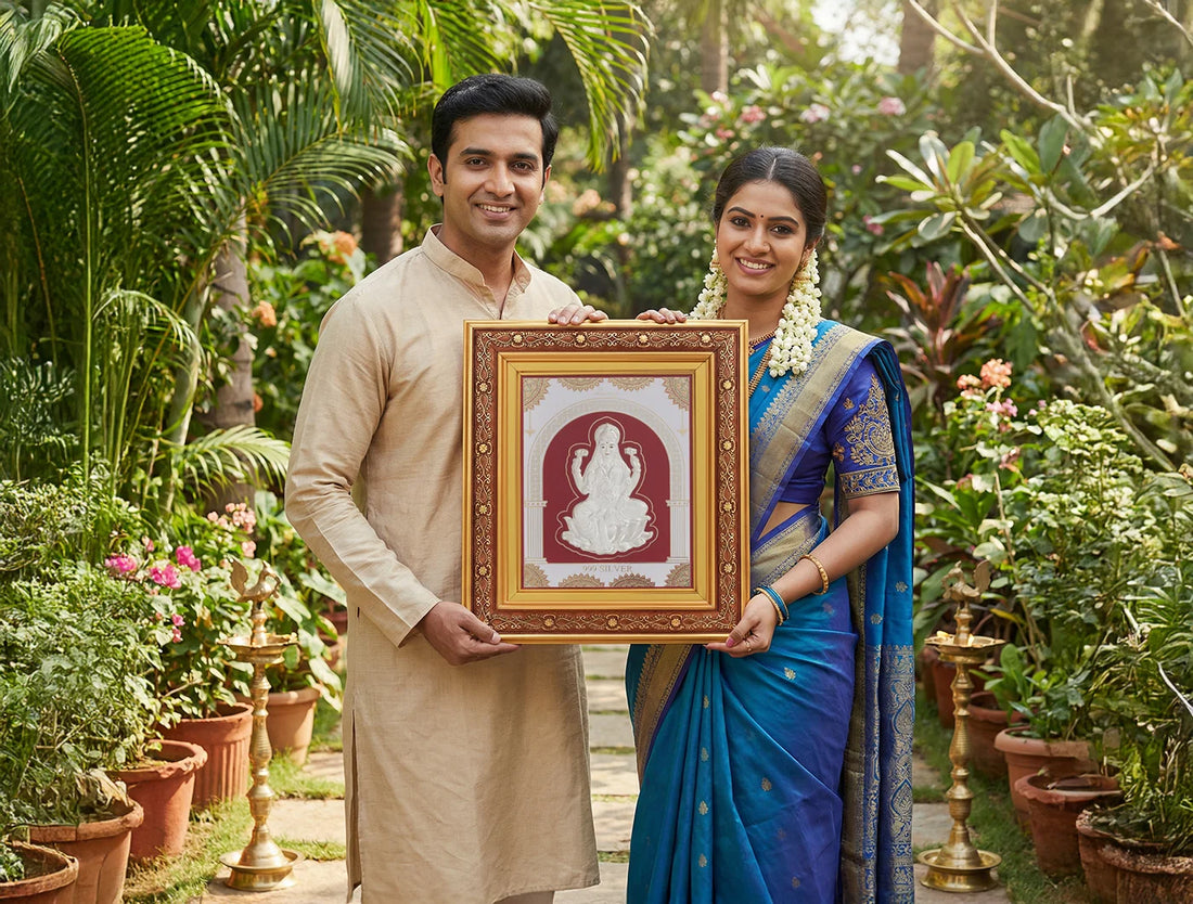 999 Pure Silver Laxmiji hanging Copper frame with copper border, crafted in 999 pure silver, designed for sacred home decor.
