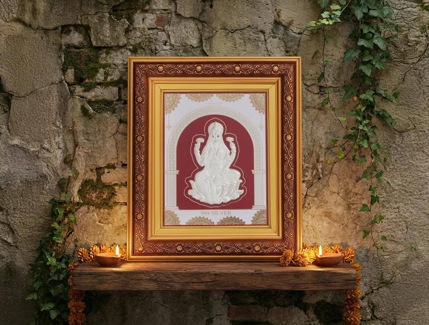 999 Pure Silver Laxmiji hanging Copper frame with copper border, crafted in 999 pure silver, from Bhagwati Jewels.