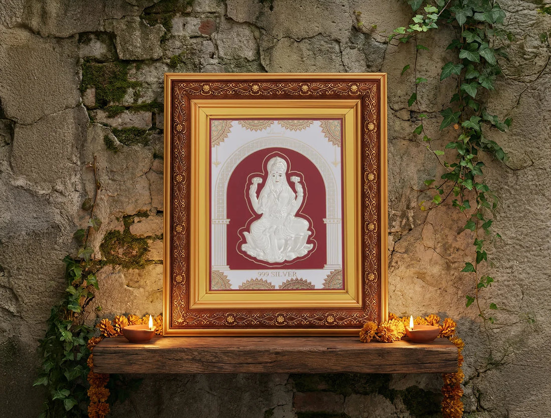 999 Pure Silver Laxmiji hanging Copper frame with copper border, crafted in 999 pure silver, from Bhagwati Jewels.