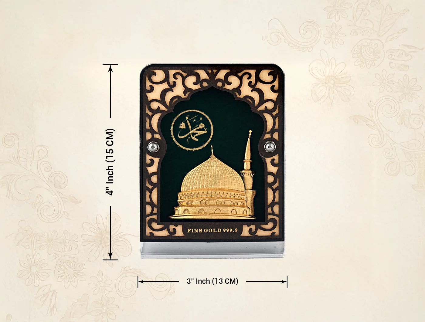 24KT Gold Madina Stand | Tabletop Display (4" x 3") Glass MadinaTabletop | 24Kt Gold | Rectangular Carving Frame | (For Premium Gift, Poojaroom Decor, Office Desk, Car Dashboard, Table Decoration)
