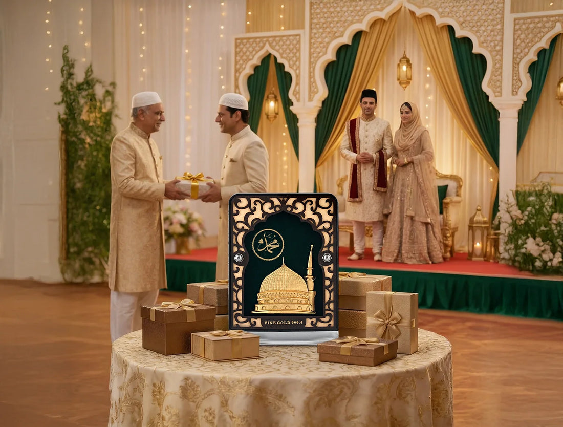 24KT Gold Madina Stand | Tabletop Display (4" x 3") Glass MadinaTabletop | 24Kt Gold | Rectangular Carving Frame | (For Premium Gift, Poojaroom Decor, Office Desk, Car Dashboard, Table Decoration)