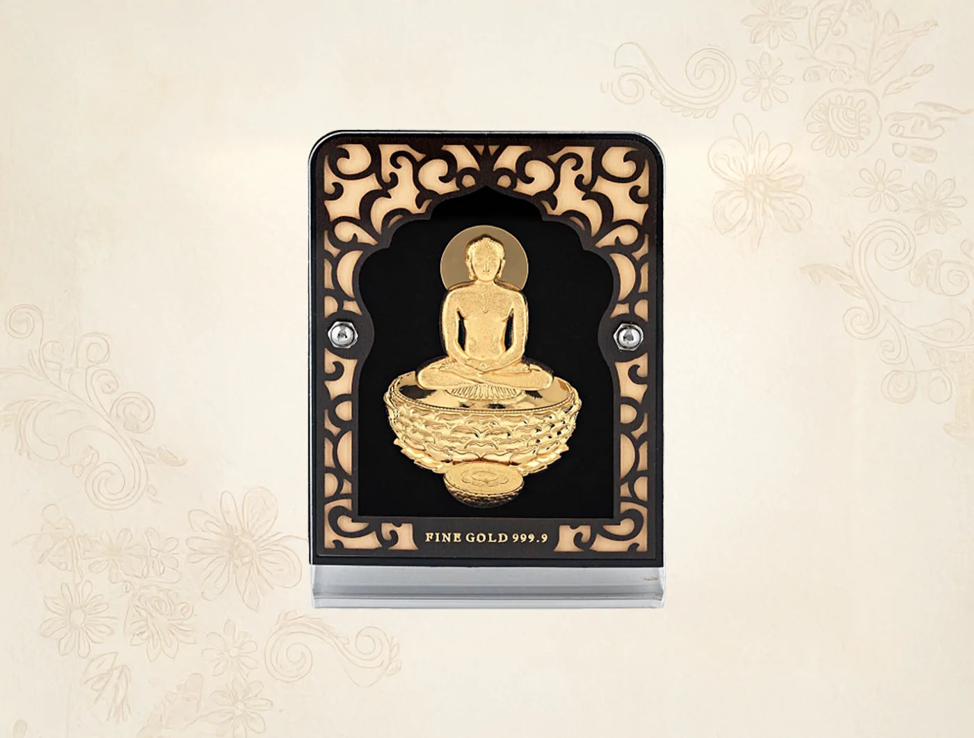 24KT Gold Stand Mahavir Swami idol with 24KT gold accents, crafted by Bhagwati Jewels.