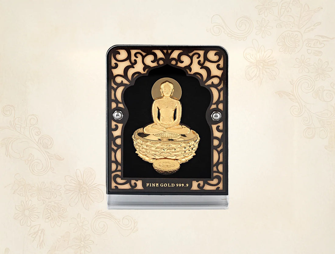 24KT Gold Stand Mahavir Swami idol with 24KT gold accents, crafted by Bhagwati Jewels.