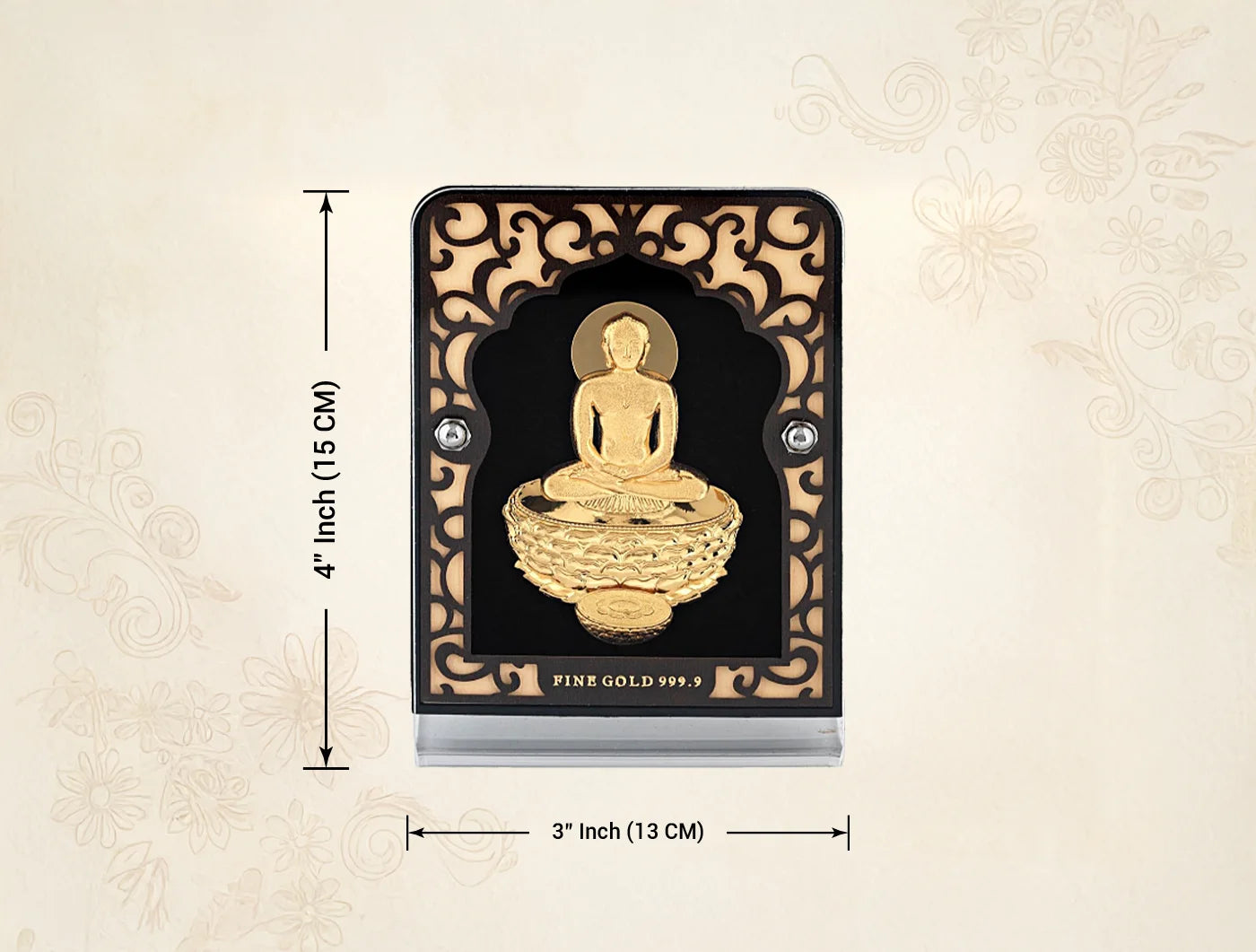 24KT Gold Stand Mahavir Swami idol on a 24KT gold stand, crafted by Bhagwati Jewels, for religious or decorative display.