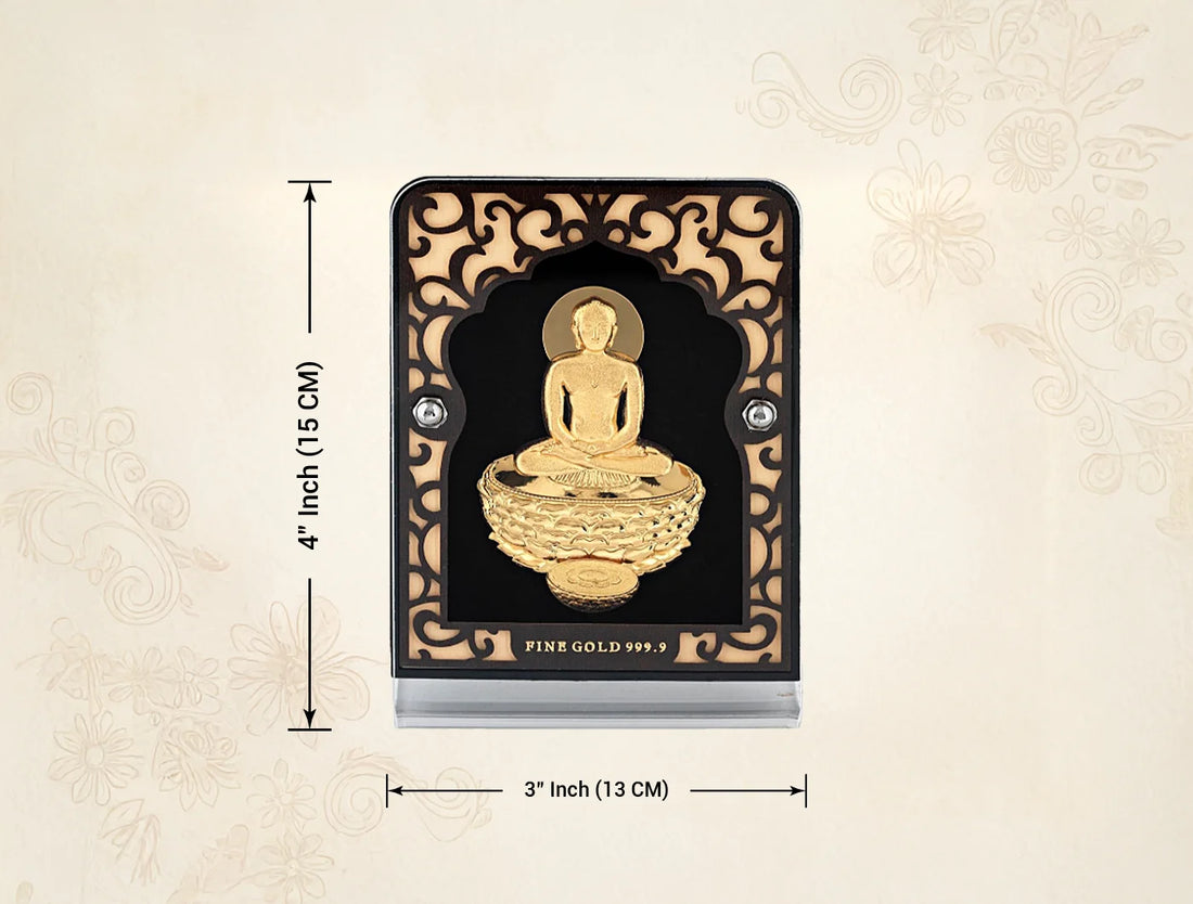 24KT Gold Stand Mahavir Swami idol on a 24KT gold stand, crafted by Bhagwati Jewels, for religious or decorative display.