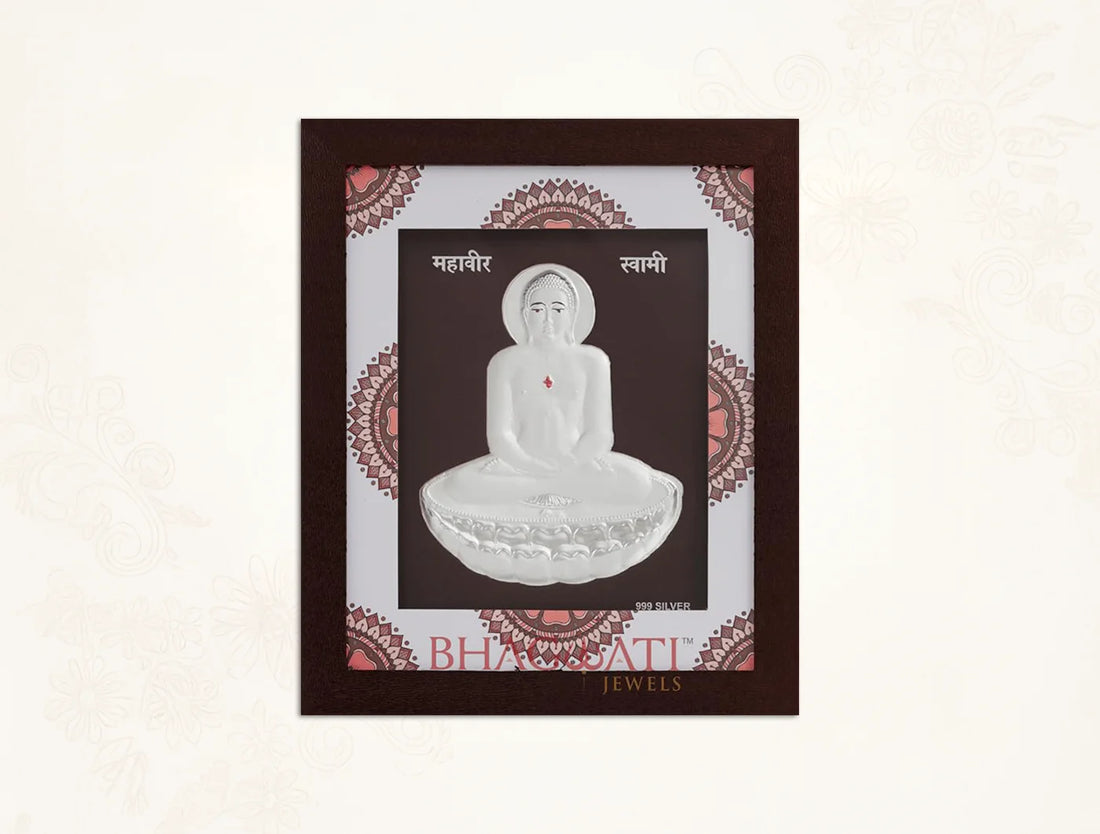 999 Pure Silver Mahavir Swami wall mount hanging frame in a decorative setting, ideal for home or office decor.