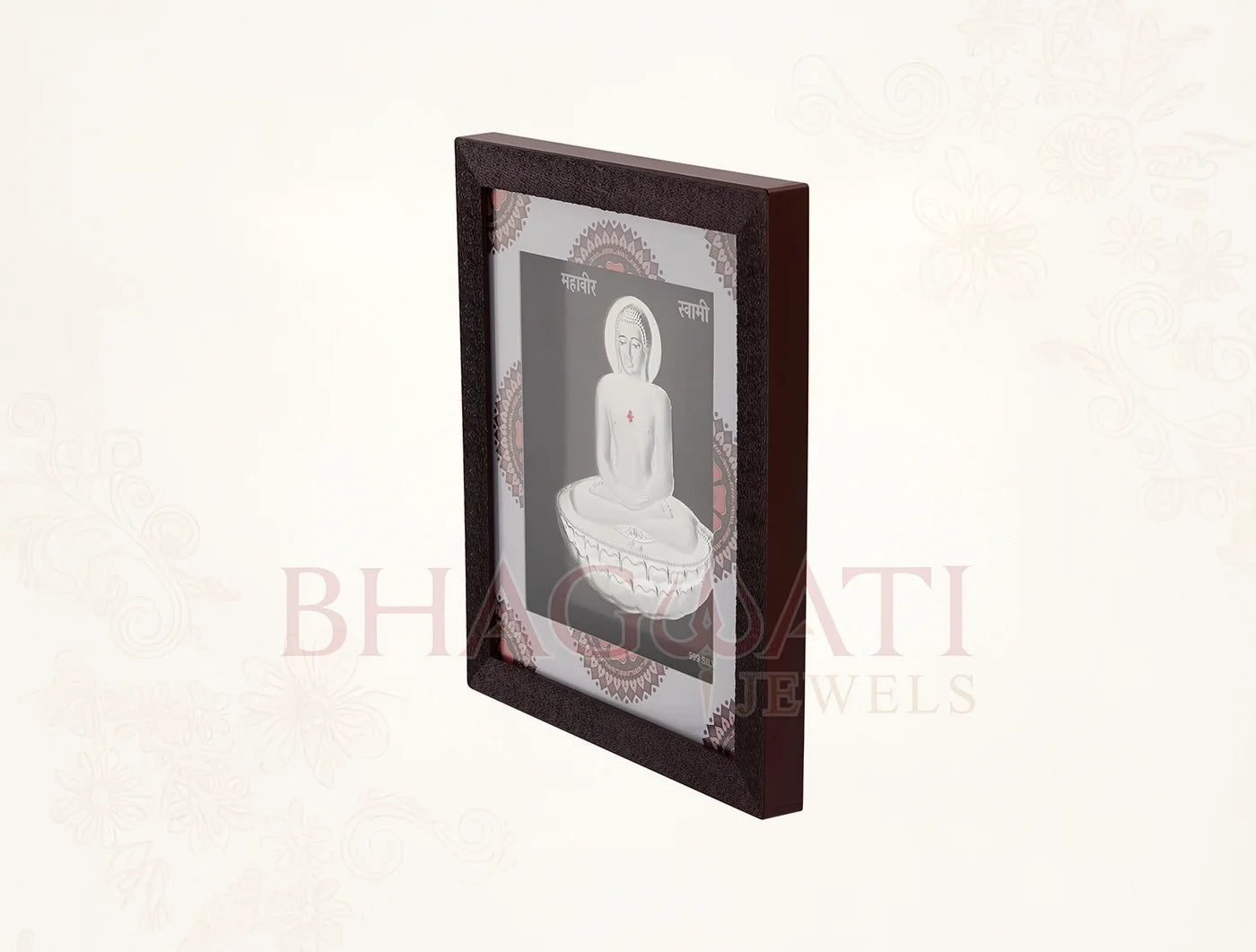 999 Pure Silver Mahavir Swami hanging frame displaying a divine home decor piece in a wooden square frame