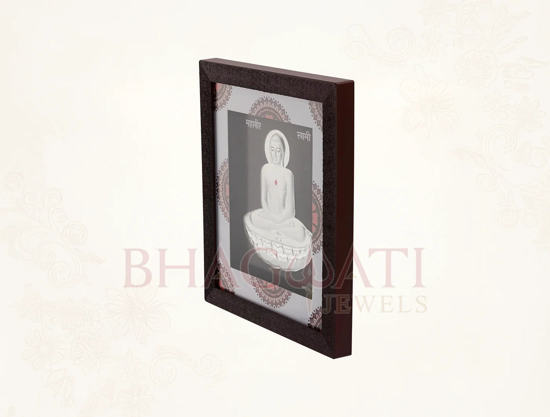 999 Pure Silver Mahavir Swami hanging frame displaying a divine home decor piece in a wooden square frame