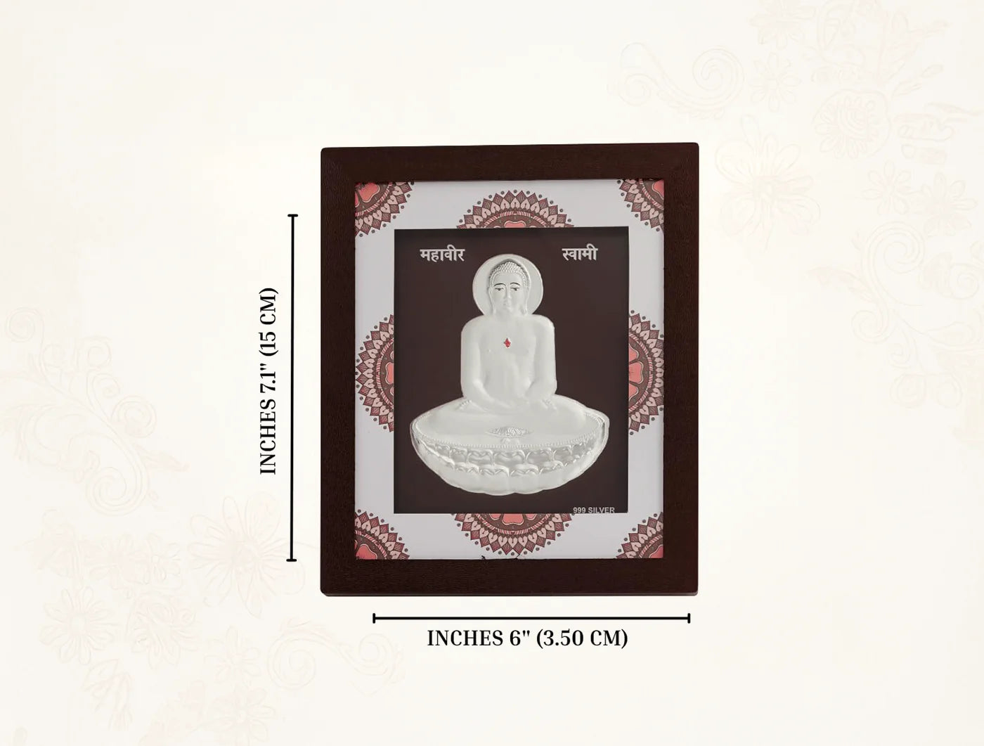 999 Pure Silver Mahavir Swami hanging frame with dimensions, wall decor for home or office, 7" x 6".