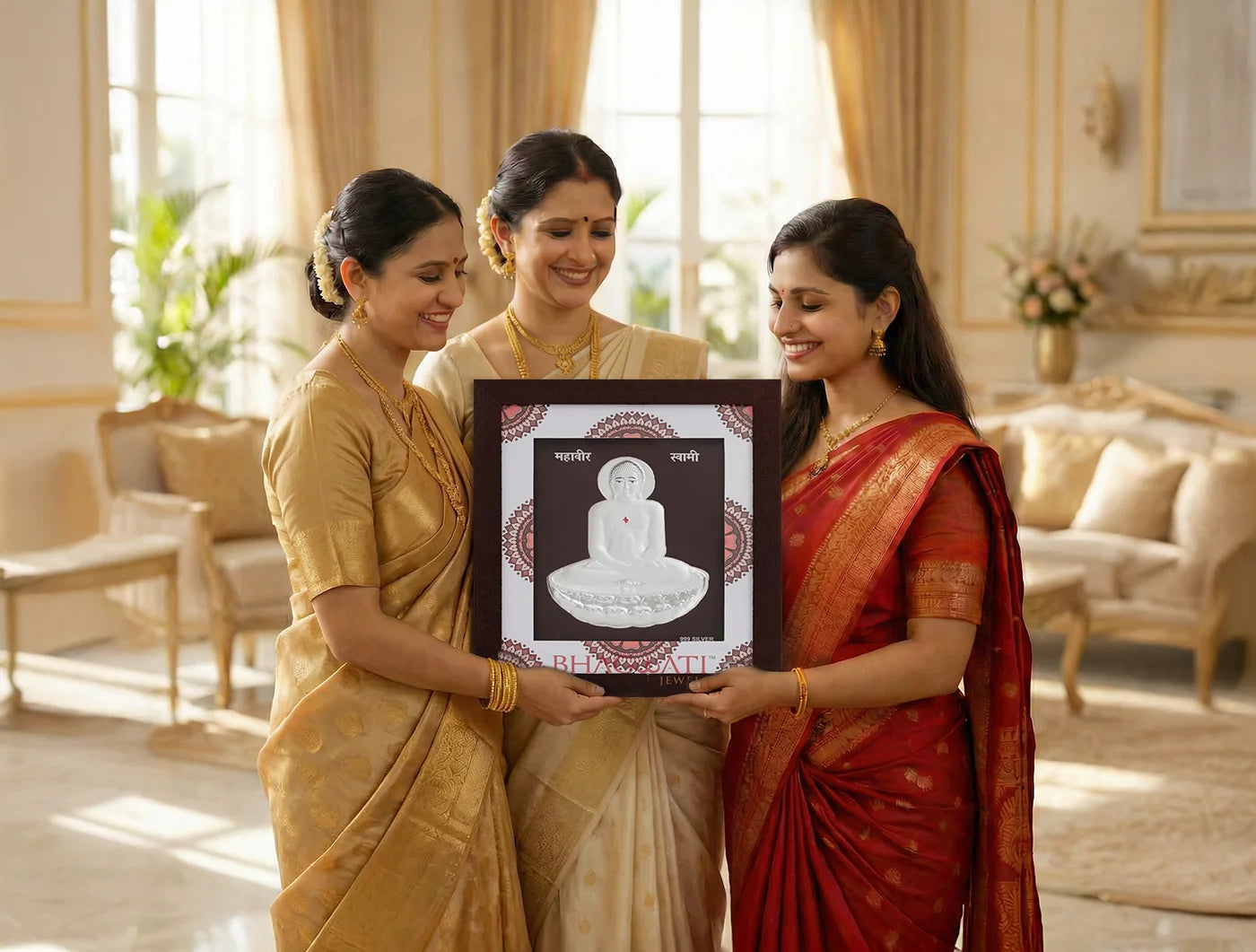 Three women in traditional attire holding a 999 Pure Silver Mahavir Swami hanging frame in a beautifully decorated room.