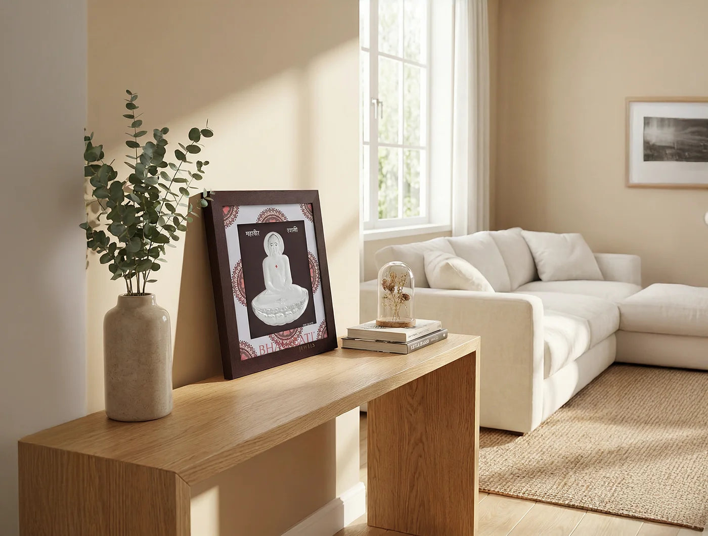999 Pure Silver Mahavir Swami hanging frame displayed on a wooden console table in a bright living room.