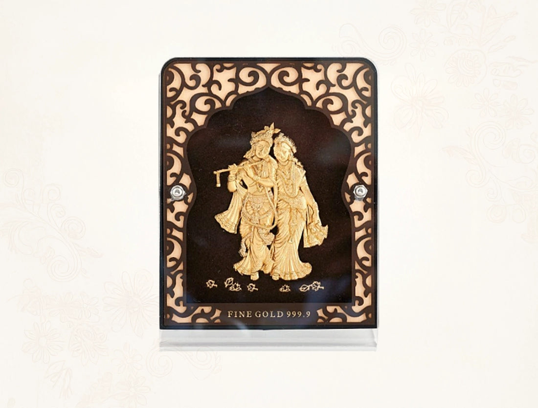 24KT Gold Radhakrishna Tabletop Stand featuring intricate carvings and fine gold details.