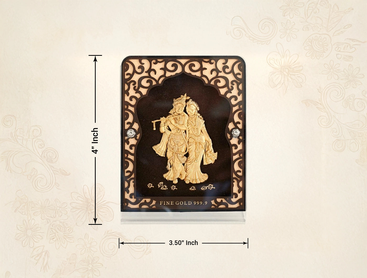 24KT Gold Radhakrishna Tabletop Stand displayed against a decorative background, measuring 4 inch by 3.50 inch.