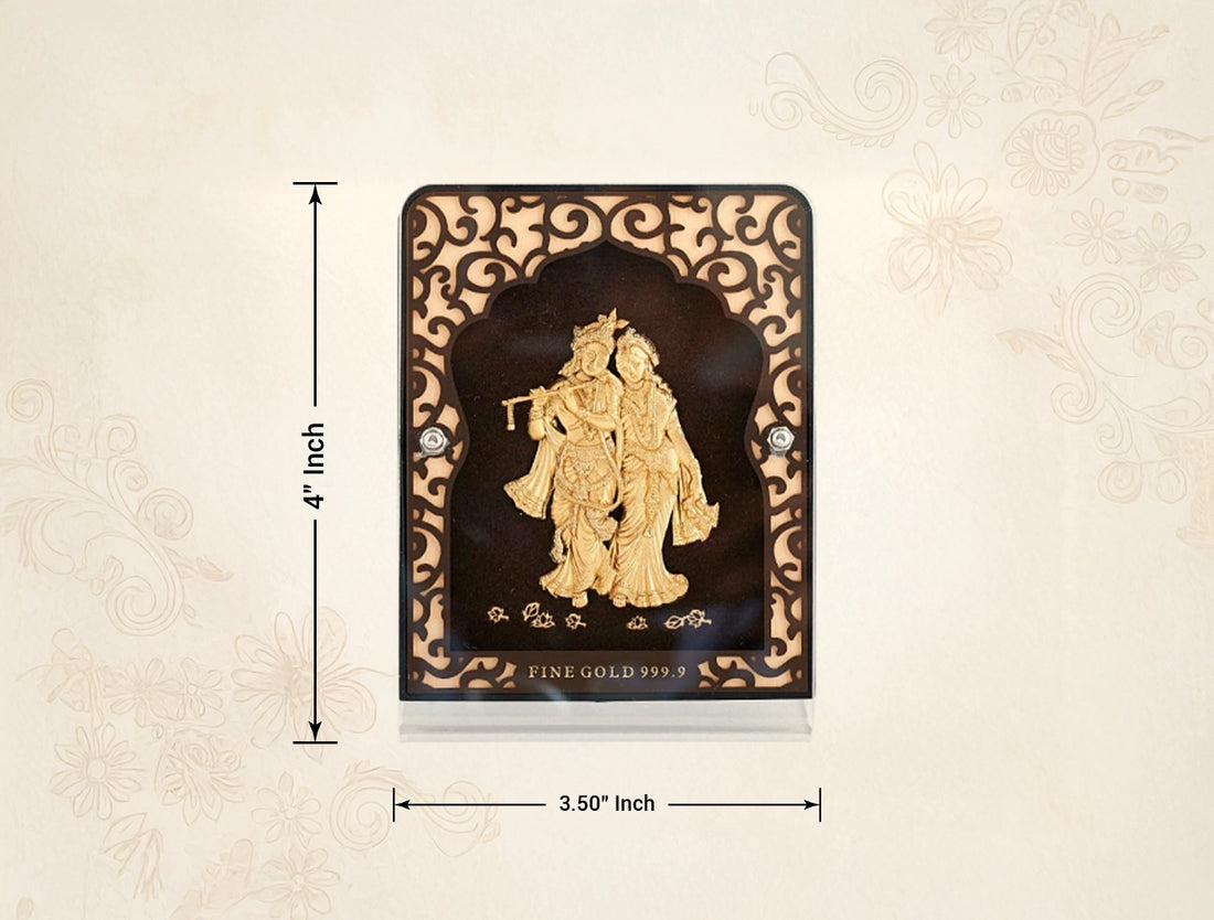 24KT Gold Radhakrishna Tabletop Stand displayed against a decorative background, measuring 4 inch by 3.50 inch.
