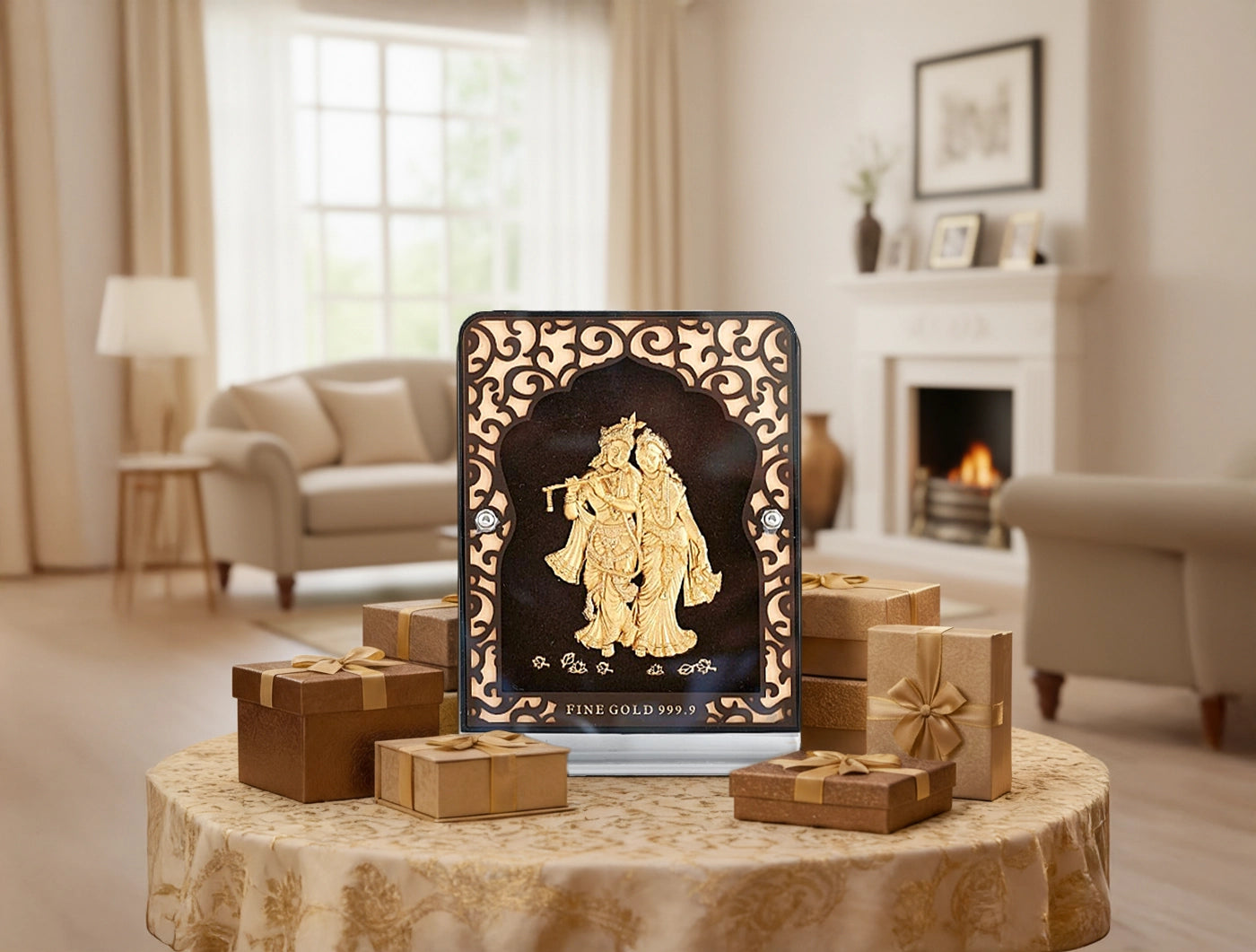 24KT Gold Radhakrishna Tabletop Stand displayed on a table in a bright living room, surrounded by gift boxes.