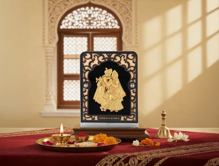 24KT Gold Radhakrishna Stand | Divine Home Decor | Tabletop Display (4" x 3") Glass  Tabletop