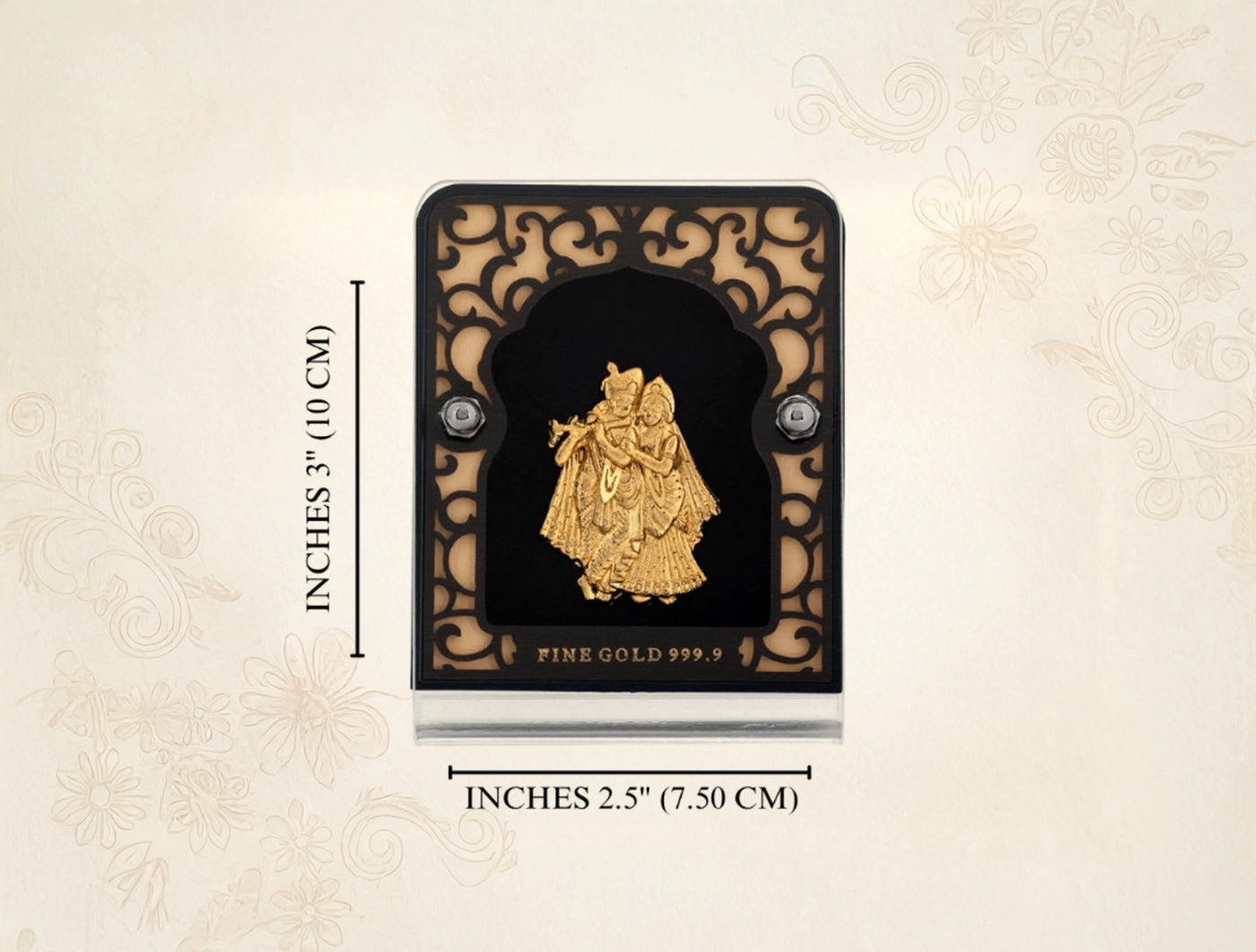 24KT Gold Radhakrishna Stand displayed on a black glass tabletop, dimensions 2.5" x 3" inch, exquisite home decor piece.
