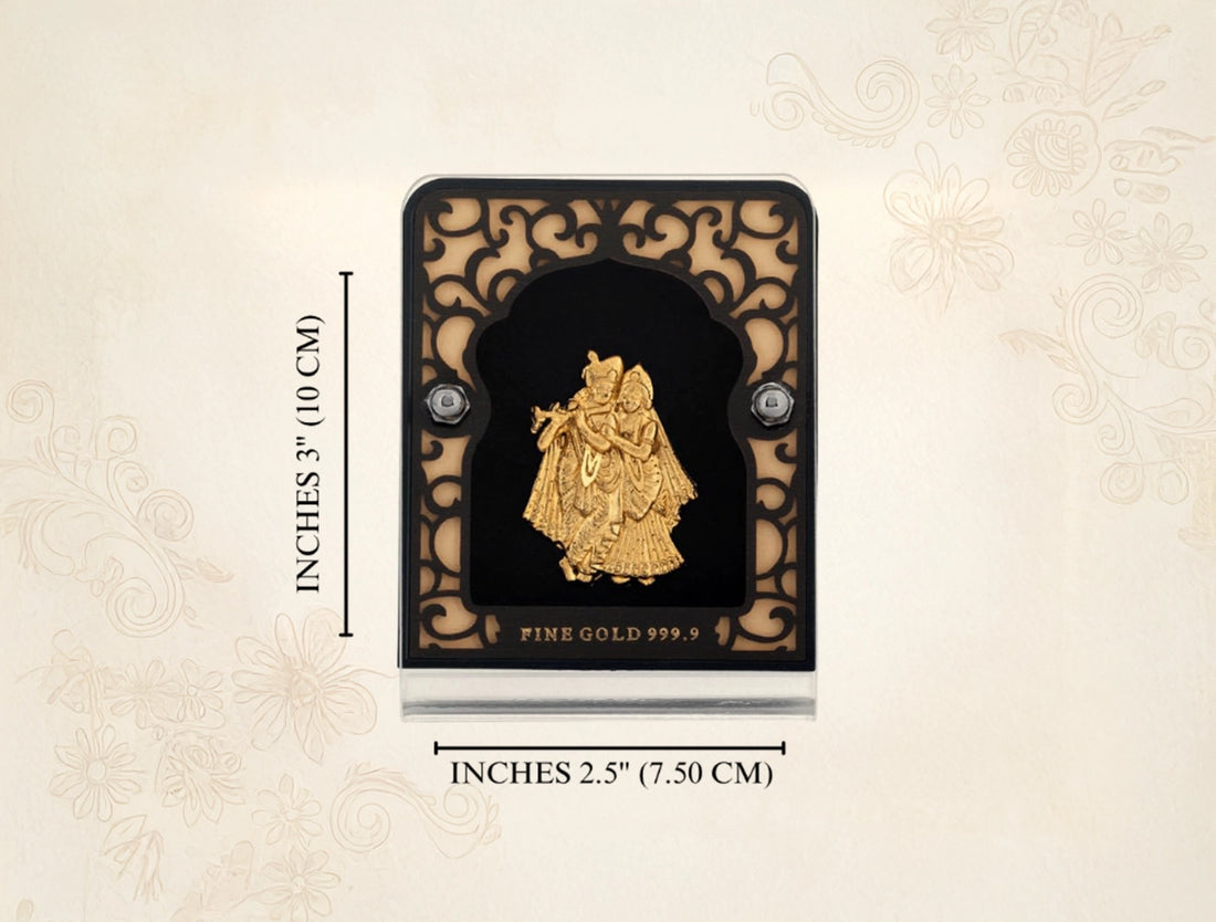 24KT Gold Radhakrishna Stand displayed on a black glass tabletop, dimensions 2.5" x 3" inch, exquisite home decor piece.