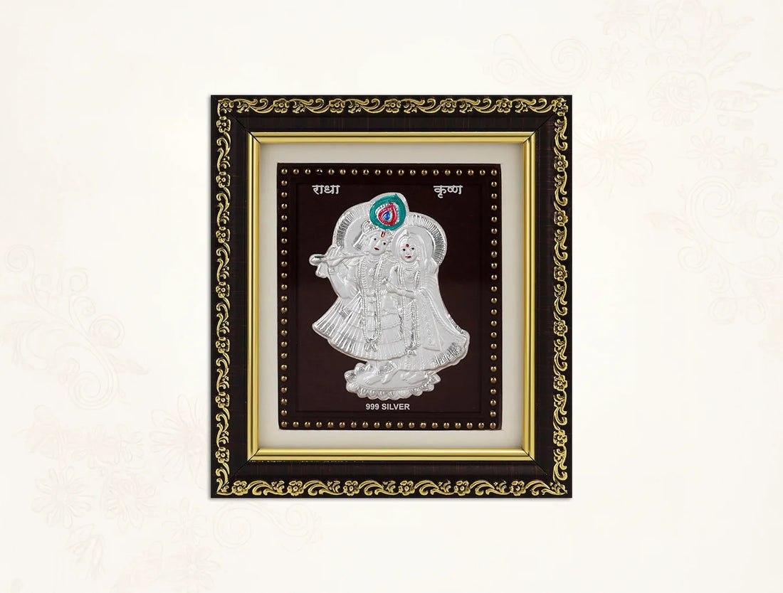 Square silver Radhakrishna frame for gift items, 5.5x5 inches, from Bhagwati Jewels, ideal for tabletop display or gifting.