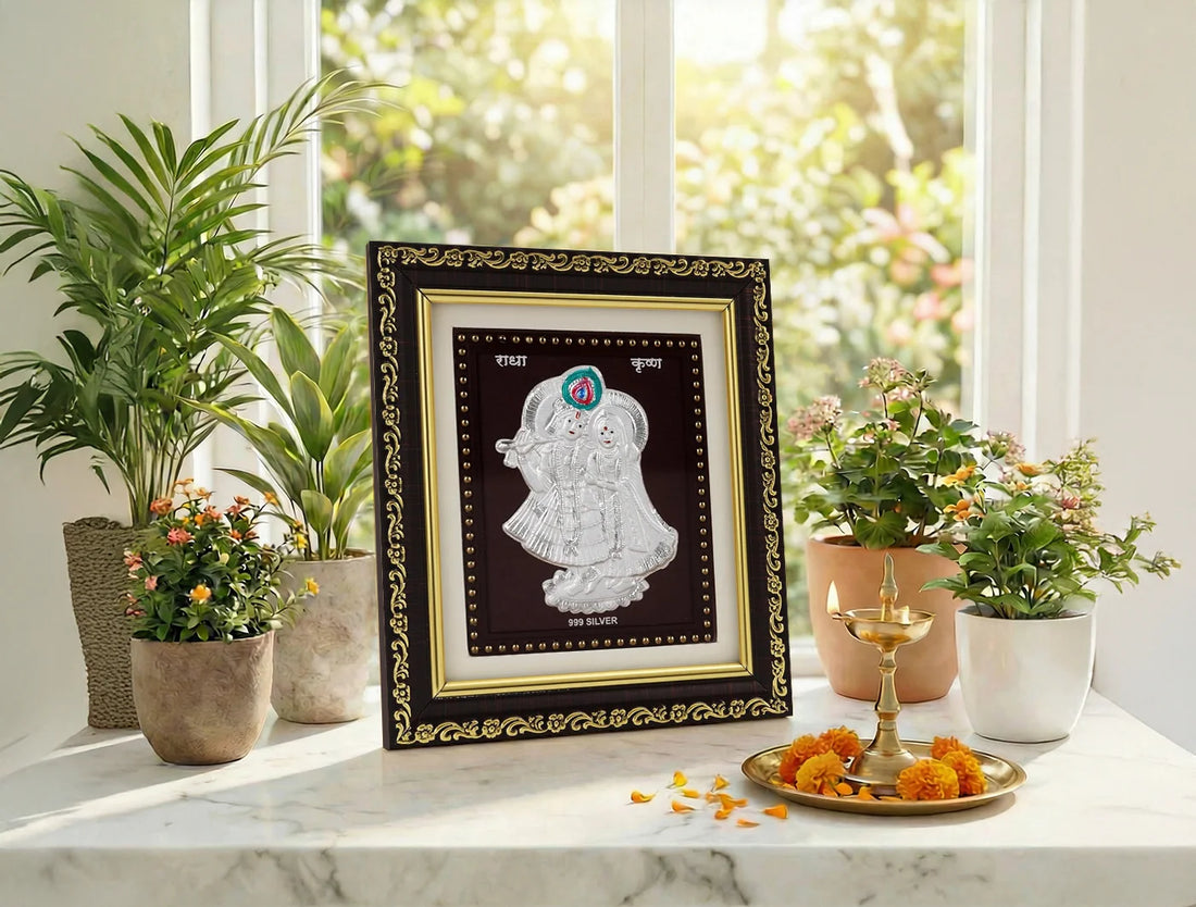 Square silver Radhakrishna frame for gifts, 5.5 x 5 inches, made of premium 999 silver by Bhagwati Jewels.