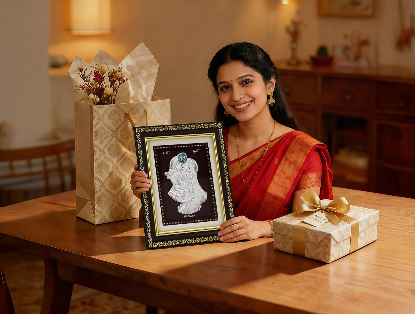 Square silver frame featuring Radhakrishna design from Bhagwati Jewels, perfect for gift items, measuring 5.5 by 5 inches.